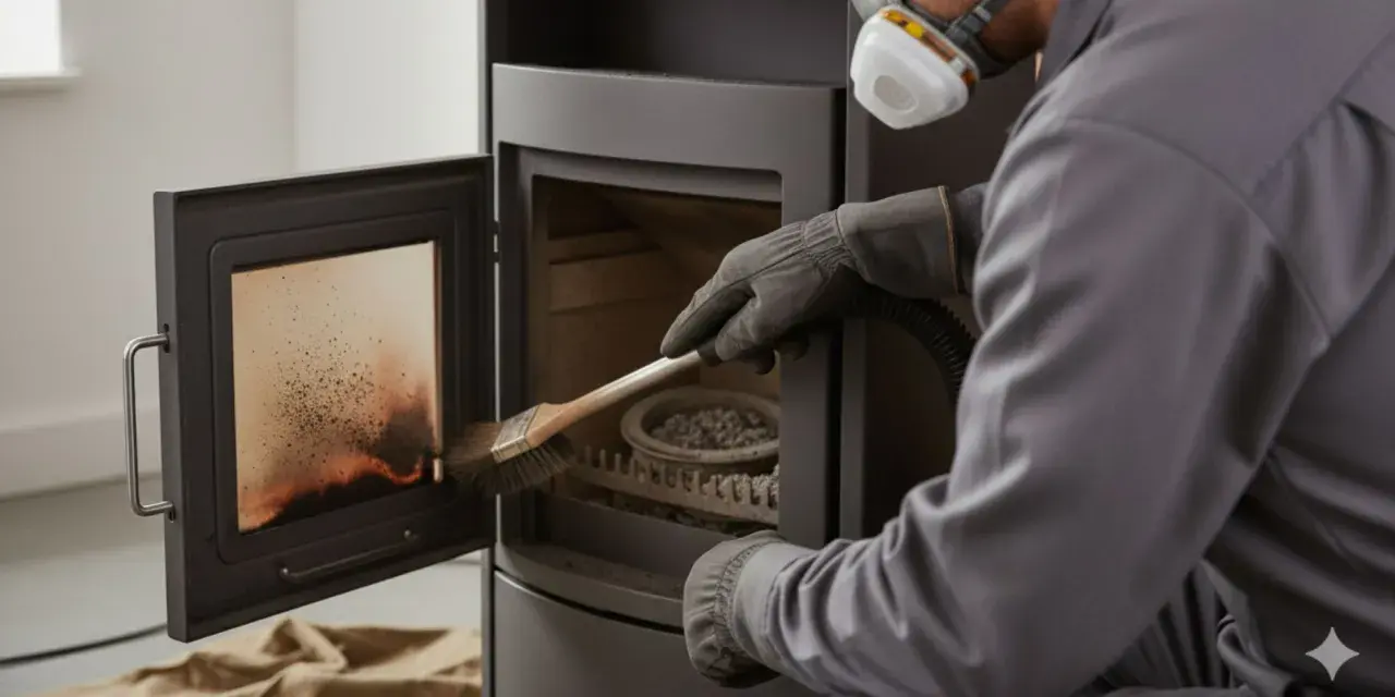 Un technicien en masque et gants effectue la révision du poêle à granulés, brossant l'intérieur pour un nettoyage optimal.