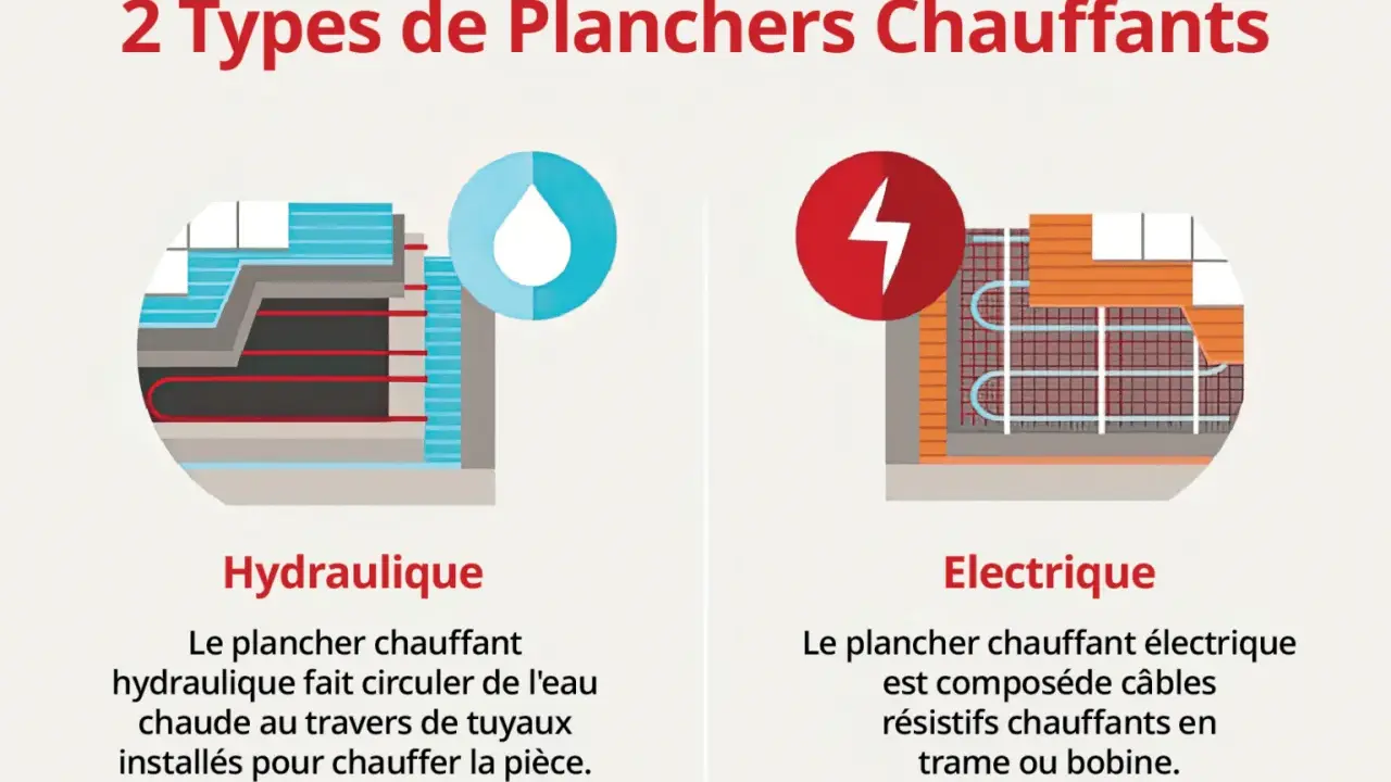 Deux types de planchers chauffants : hydraulique avec circulation d'eau par tuyaux, et électrique avec câbles résistifs.