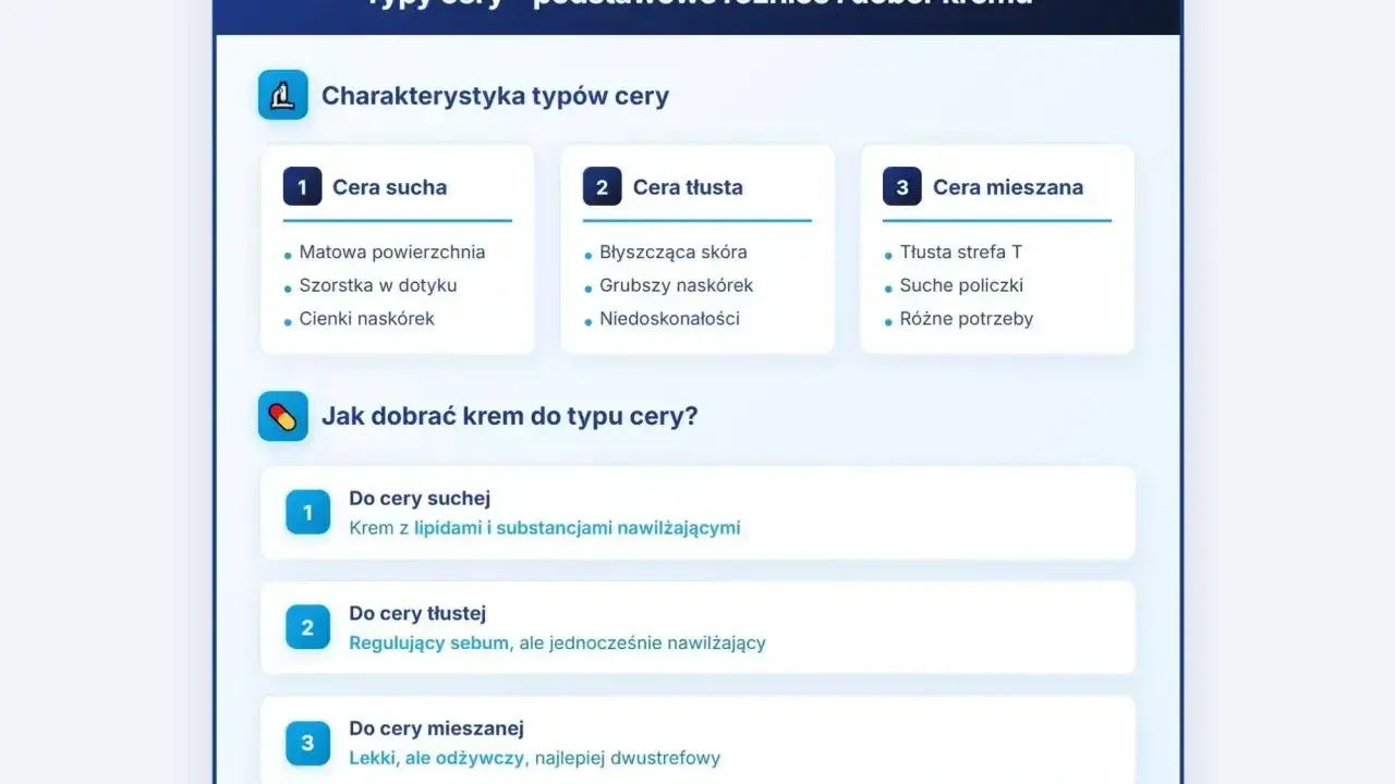 Porównanie cech cery suchej, tłustej i mieszanej. Podpowiada, jaki rodzaj skóry wymaga jakiego kremu.