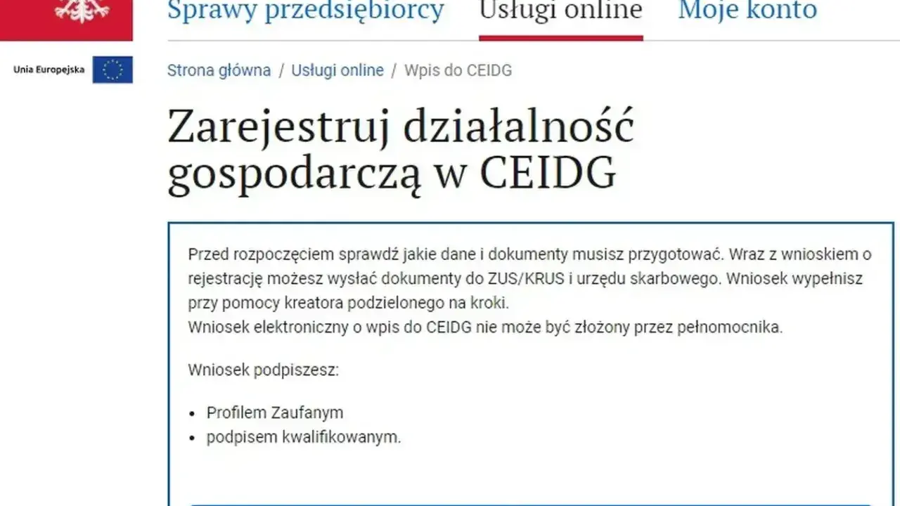 Strona Biznes.gov.pl informuje o rejestracji działalności gospodarczej w CEIDG. Można złożyć wniosek online.