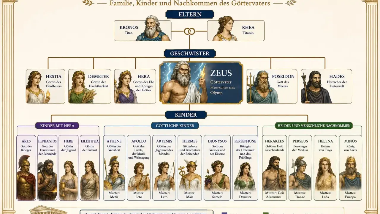 Der Stammbaum zeigt Zeus, den Göttervater und Herrscher des Olymps, sowie seine Familie. Wer ist Zeus? Er ist der Sohn von Kronos und Rhea.