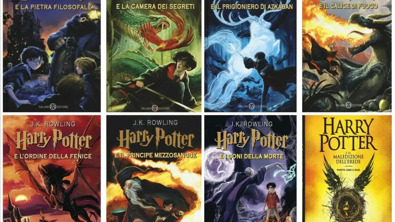 Copertine dei libri di J.K. Rowling: Harry Potter e la Pietra Filosofale, Camera dei Segreti, Prigioniero di Azkaban, Calice di Fuoco, Ordine della Fenice, Principe Mezzosangue, Doni della Morte e Maledizione dell'Erede.