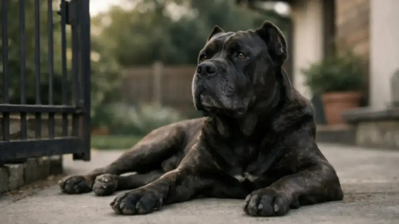 Potężny pies rasy Cane Corso leży przy bramie. Czy cane corso są groźne? Ten pies wygląda na spokojnego, ale czujnego.