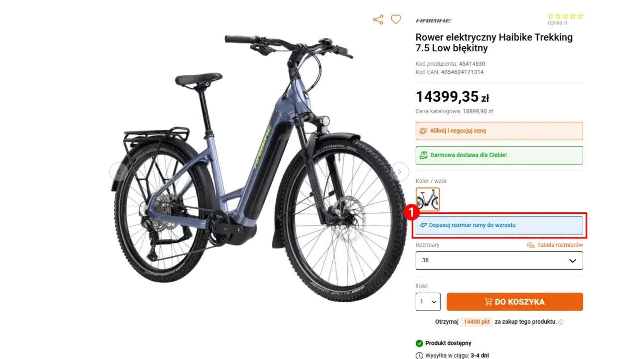 Błękitny rower elektryczny Haibike Trekking 7.5 Low. Wybierz jaka rama roweru będzie dla Ciebie najlepsza, dopasowując ją do wzrostu.