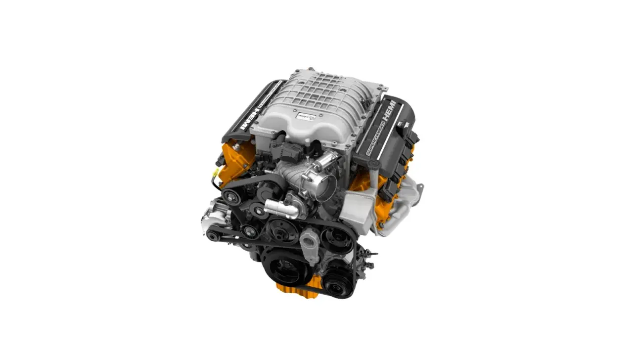 Potężny silnik Hellcat z napisem "SUPERCHARGED HEMI".