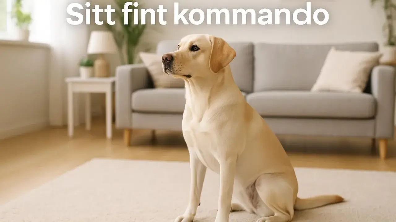 En gul labrador sitter fint på en matta i ett vardagsrum. Hunden väntar på sitt kommando.