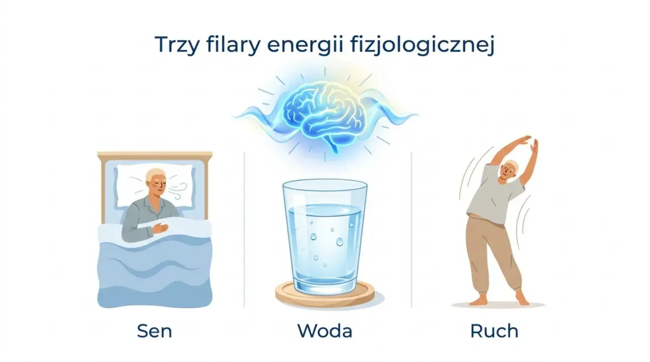 Sen, woda i ruch to klucz do produktywności. Ilustracja pokazuje śpiącą osobę, szklankę wody i ćwiczącego człowieka.