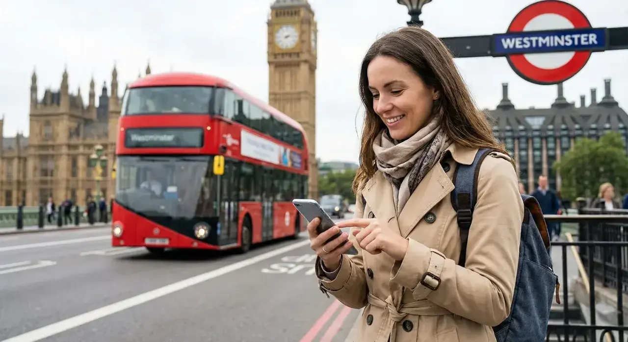 Kobieta z telefonem w ręku, na tle czerwonego autobusu i Big Bena. Wygodny internet w UK ułatwia zwiedzanie.