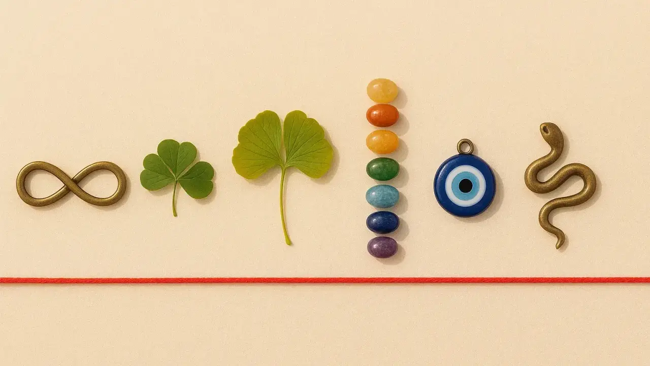 Symbole énergie spirituelle : un signe infini, un trèfle, une feuille de ginkgo, des pierres de chakra, un œil bleu et un serpent.