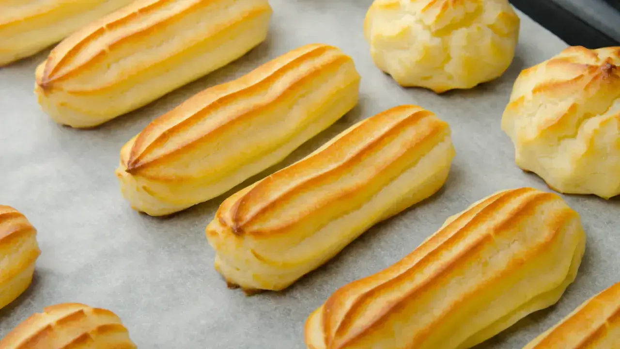 Des éclairs et des choux dorés, prêts à être garnir. La pâte à choux est prête pour une gourmandise.