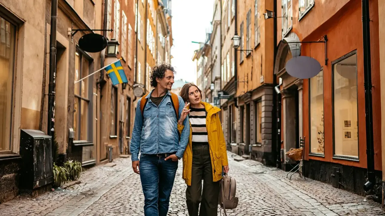 Ein Paar spaziert durch eine Gasse in Stockholm. Das Wetter in Schweden im September ist mild, perfekt für Sightseeing.