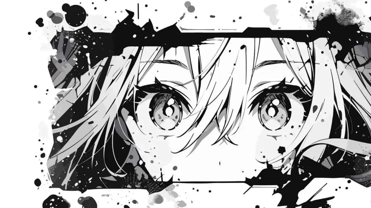 Intensywny manga rysunek przedstawiający wielkie, błyszczące oczy postaci, otoczone rozbryzgami tuszu i fragmentami twarzy.