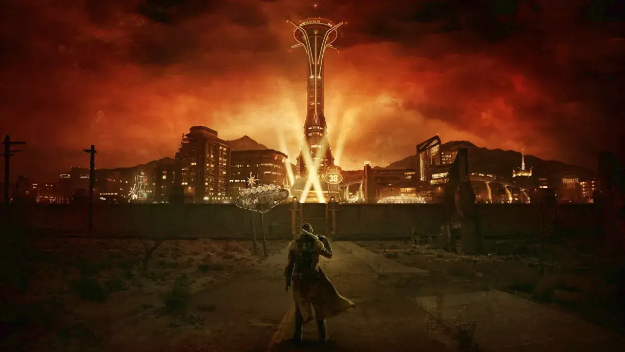 Postapokaliptyczny krajobraz z wieżą Lucky 38 w tle, nawiązujący do gry Fallout: New Vegas PCR.