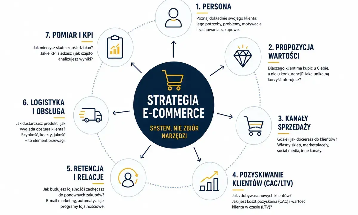 Schemat strategii e-commerce: od persony klienta, przez propozycję wartości, kanały sprzedaży, pozyskiwanie i retencję klientów, logistykę, po pomiar KPI.