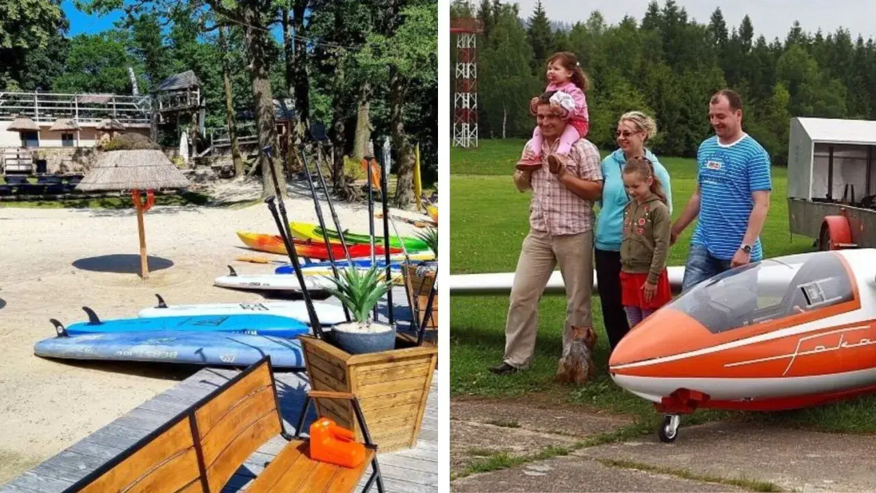 Rodzinna wycieczka do Jeleniej Góry: plaża z deskami SUP i kajakami, a obok mały samolot i uśmiechnięta rodzina. Atrakcje dla dzieci w Jeleniej Górze czekają!
