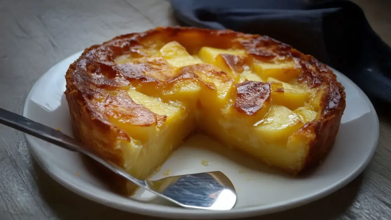 Un délicieux clafoutis pomme, doré et fondant, servi sur une assiette blanche avec une cuillère.