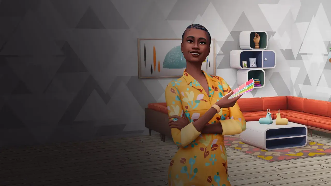 Simka z paletą kolorów, gotowa do projektowania wnętrz w The Sims 4.