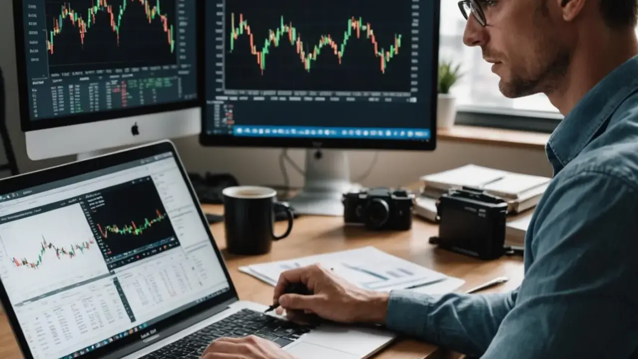 Mężczyzna analizuje wykresy akcji S&P 500 na laptopie i monitorach.