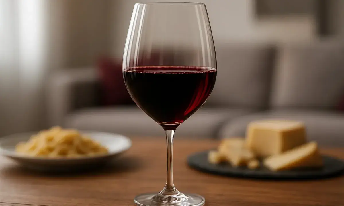 Ein Glas Rotwein, vermutlich aus der Merlot Rebsorte, steht auf einem Holztisch. Im Hintergrund sind unscharf Nudeln und Käse zu sehen.