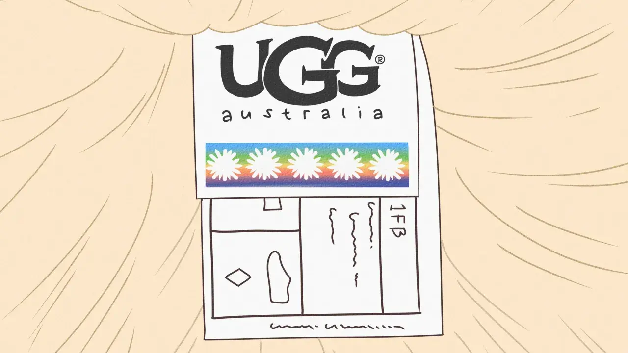Metka z logo UGG Australia i tęczowym paskiem z kwiatkami. Podpowiada, jak rozpoznać oryginalne UGG.
