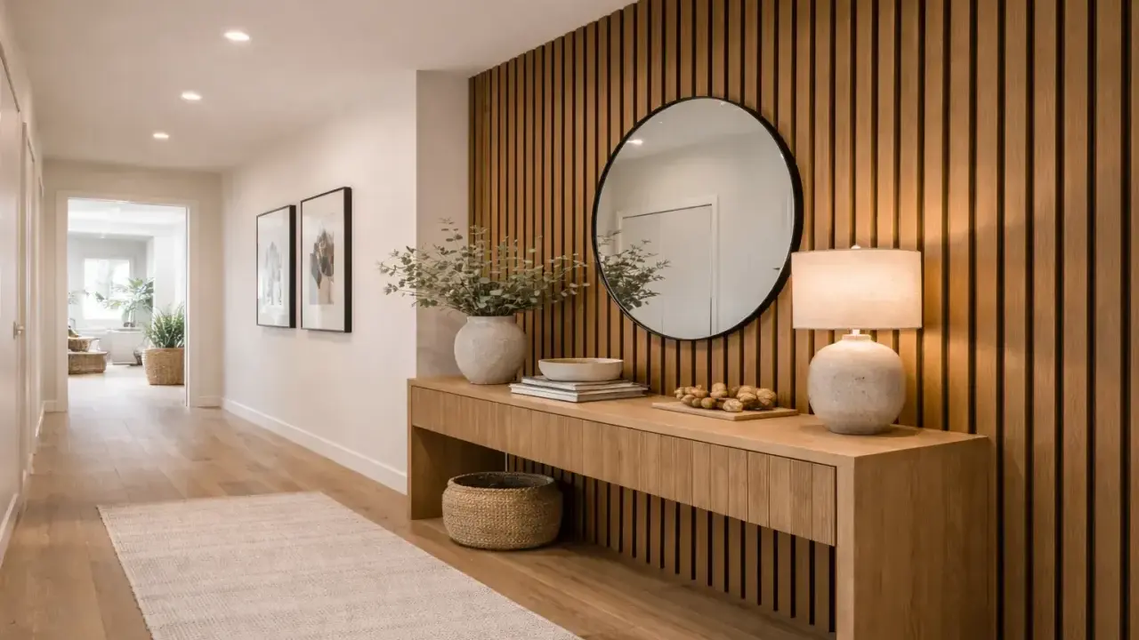 Entrada moderna con pared de listones de madera, consola, espejo redondo y lámpara. Inspiración para como poner listones de madera en la pared.