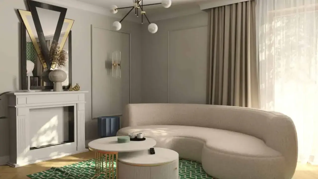 Eleganckie art deco mieszkanie z kremową sofą, geometrycznym dywanem i lustrem w stylu retro.