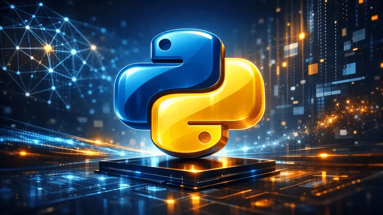 Symbol Python, niebiesko-żółty, na tle cyfrowego świata. To jest python definicja.