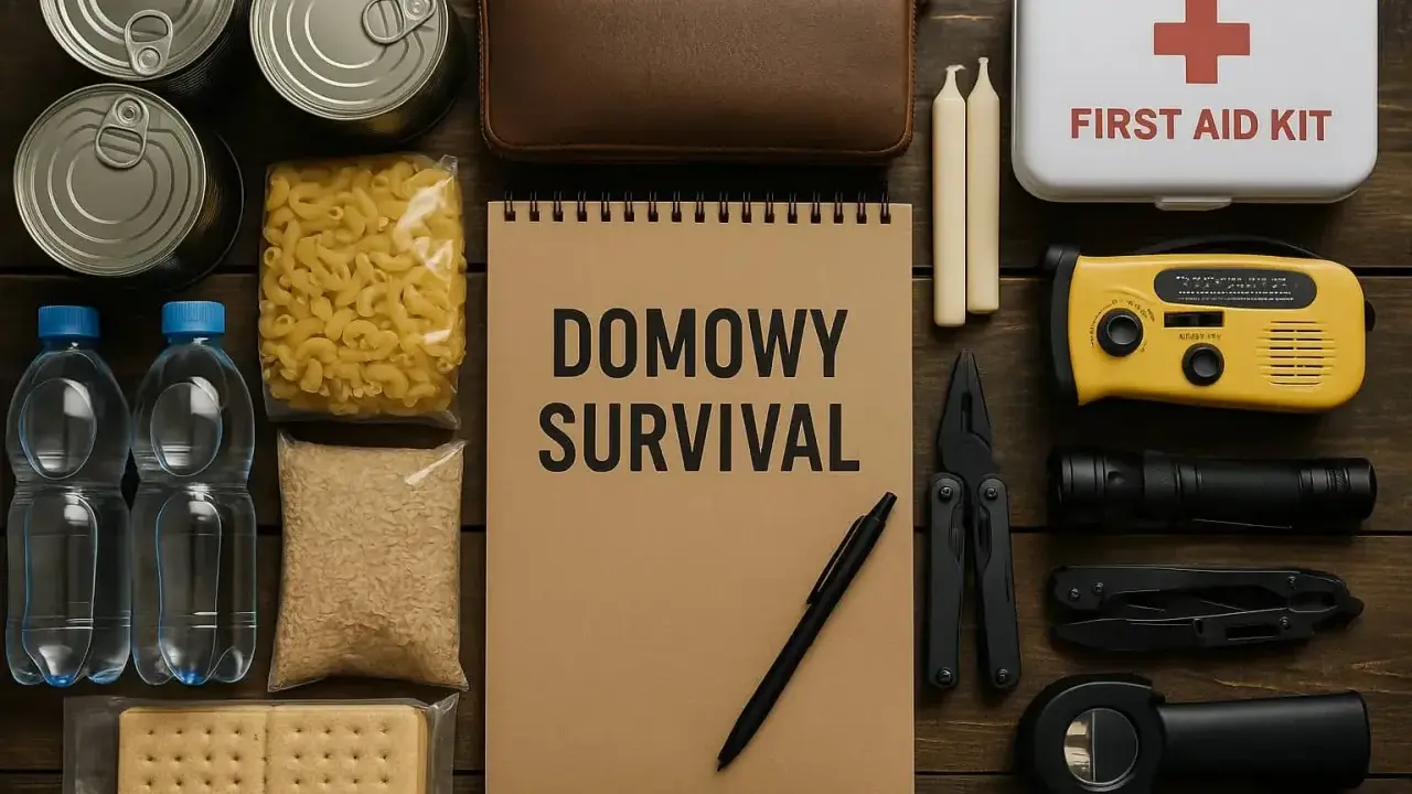 Zestaw do domowego survivalu: konserwy, makaron, ryż, woda, ciastka, apteczka, radio, latarka, scyzoryk, świece i notes.
