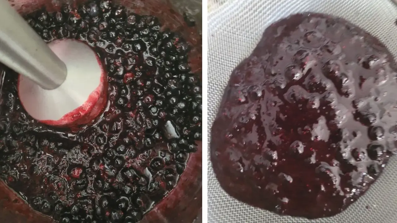 Mieszanie jagód blenderem, aby uzyskać gładką masę na żelkę do tortu. Po lewej blender w jagodach, po prawej przecedzona masa.