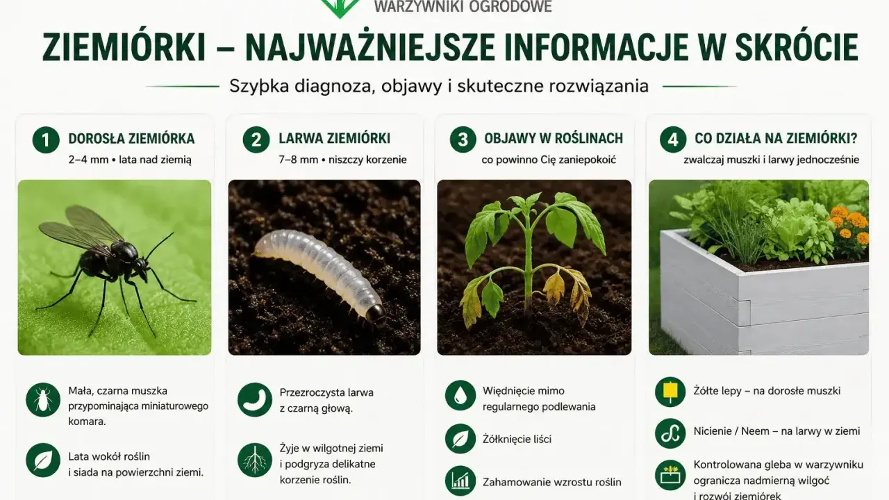 Dorosła ziemiórka to mała, czarna muszka, a jej larwa, która wygląda jak przezroczysty robak z czarną głową, niszczy korzenie roślin.