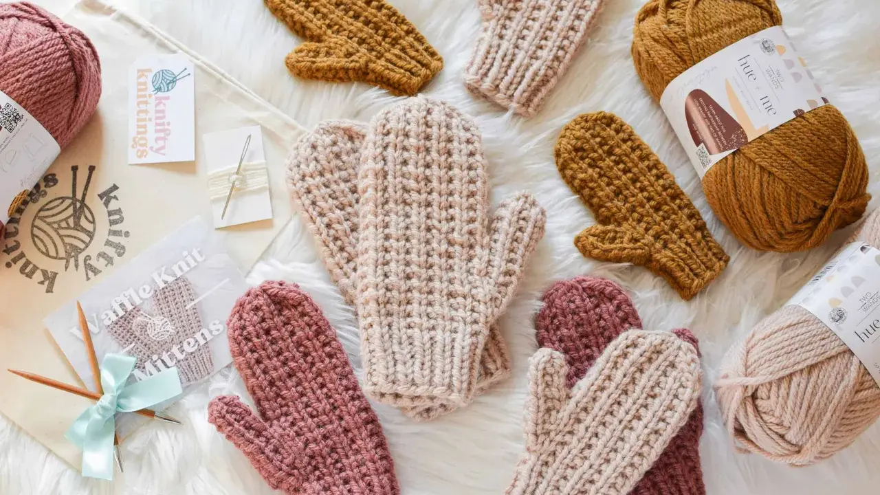 Mitones tejidos a mano con patrón de dos agujas. Varios pares en tonos rosa, beige y mostaza, junto a ovillos de lana y agujas.