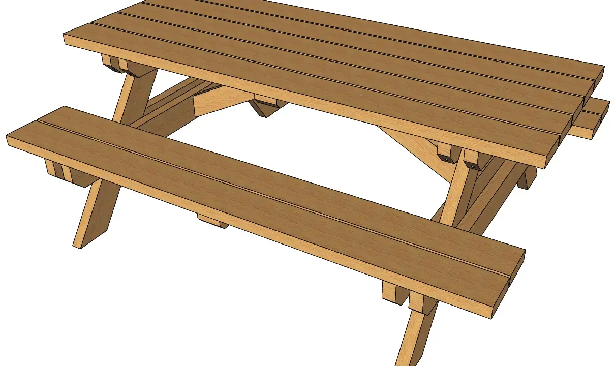 Table en bois extérieur fait maison, parfaite pour les repas en famille ou entre amis.