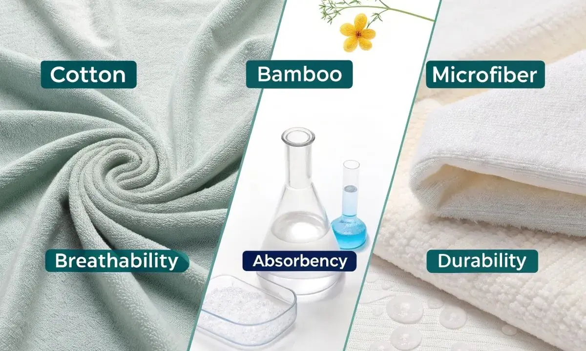 Toallas de algodón, bambú y microfibra. Muestra la transpirabilidad, absorbencia y durabilidad, ideal para lavar toallas en lavadora.