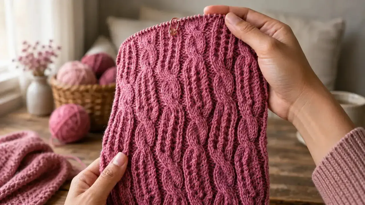 Manos tejiendo un suéter con un hermoso punto de trenzas y ochos en hilo rosa. Bolas de lana y flores secas en el fondo.