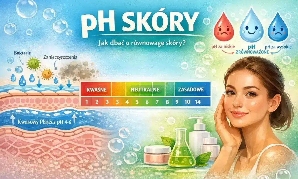 Ilustracja pokazuje warstwy skóry, skalę pH i kosmetyki. Dbanie o równowagę skóry to klucz do jej zdrowia.