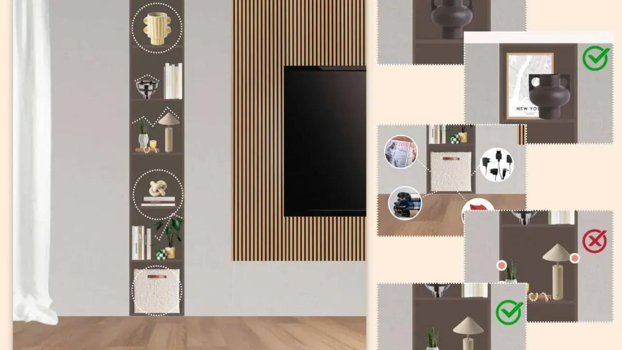 Esempi di **nicchie design** con decorazioni, libri e cesti. Mostra diverse opzioni di arredamento, alcune corrette (con segno di spunta verde), altre da evitare (con croce rossa).