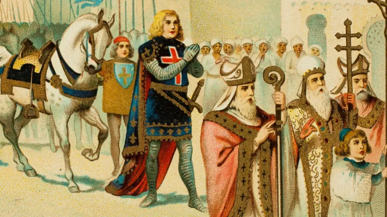 Ein Ritter mit Kreuz, Bischöfe und ein Knappe. So lebten die Menschen im Mittelalter, in Prozessionen und mit religiöser Symbolik.