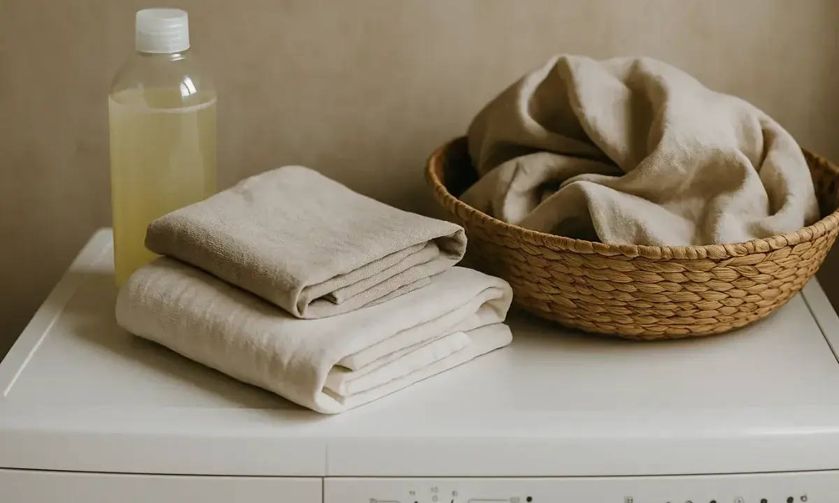 Tabla de lino doblada y cesta con ropa, junto a un detergente. Aprende como lavar el lino para que no encoja.