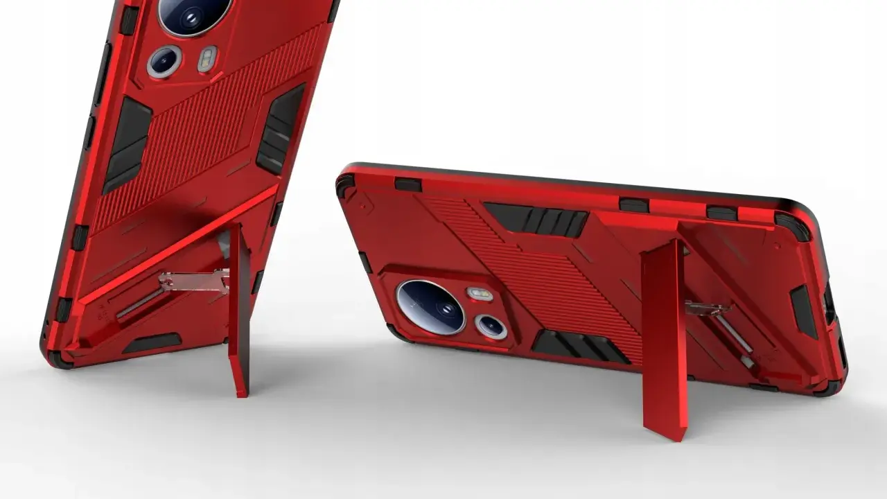 Czerwone etui Xiaomi 13 Lite z podpórką, idealne do oglądania filmów.