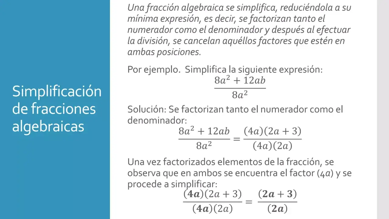 Logos de instituciones educativas y una explicación de cómo simplificar fracciones algebraicas con ejemplos.