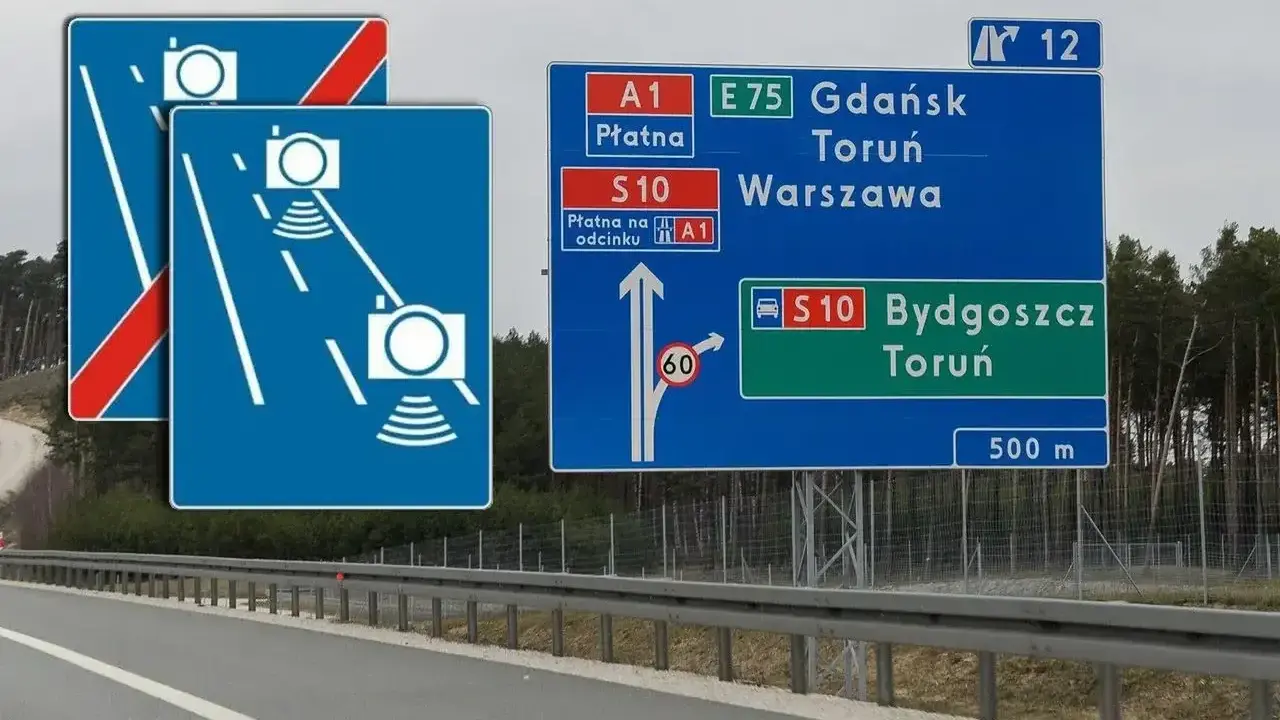 Znaki drogowe na autostradzie: kamery, kierunki do Gdańska, Torunia, Warszawy, Bydgoszczy. Ograniczenie 60 km/h.