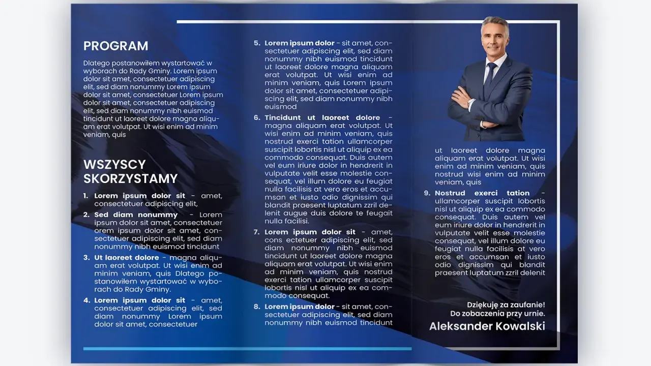 Aleksander Kowalski prezentuje swoje kampania wyborcza pomysły na plakacie.