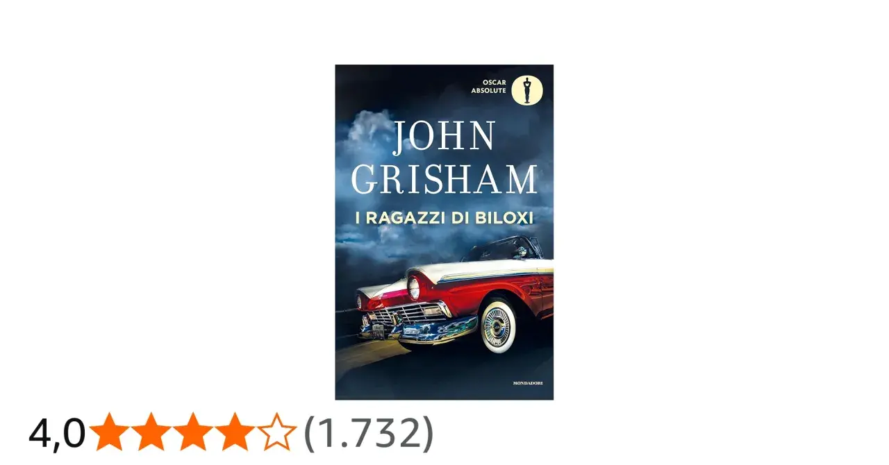 Copertina del libro "I ragazzi di Biloxi" di John Grisham, con un'auto d'epoca rossa e bianca sotto un cielo tempestoso.