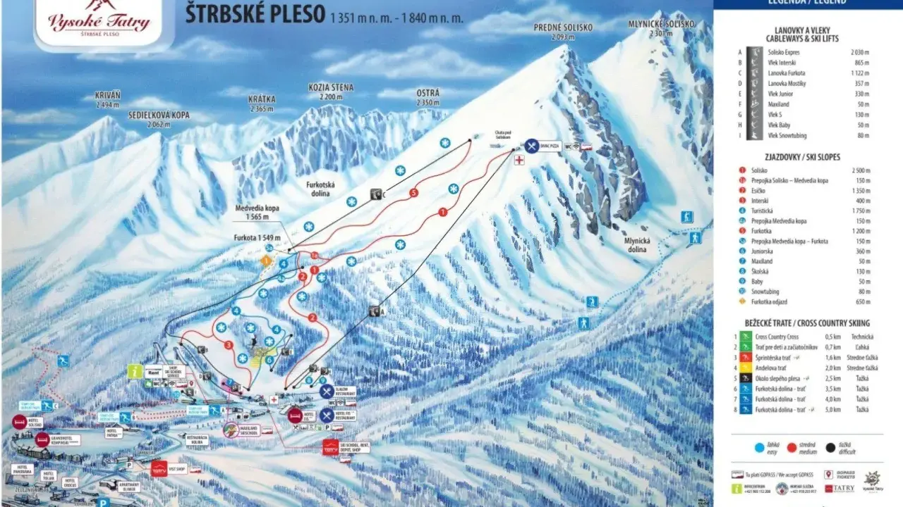 Mapa strediska Štrbské Pleso s vyznačenými zjazdovkami, lanovkami a vrcholmi ako Kriváň a Kozia stena.