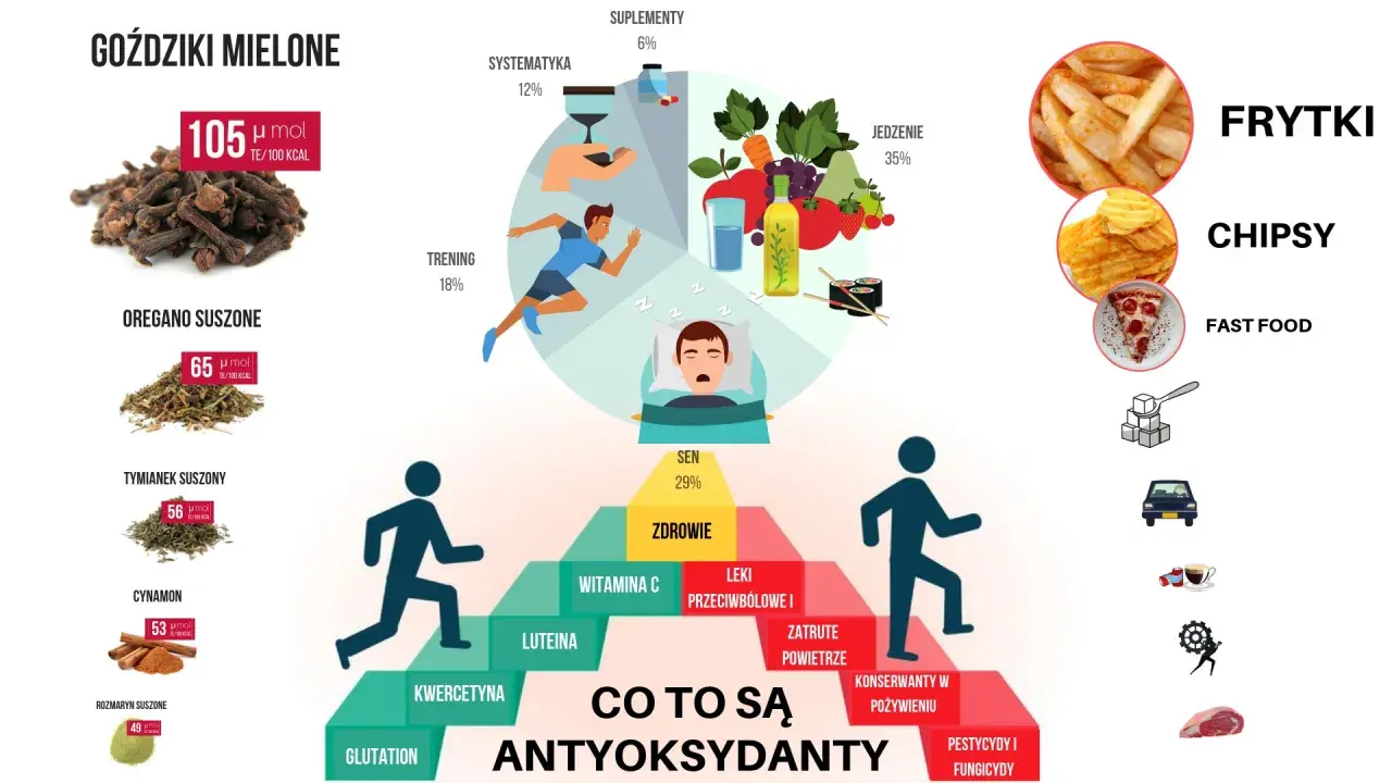Antyoksydanty co to? Piramida zdrowia, sen, jedzenie, zioła i suplementy. Unikaj fast foodów, pestycydów i zanieczyszczeń.