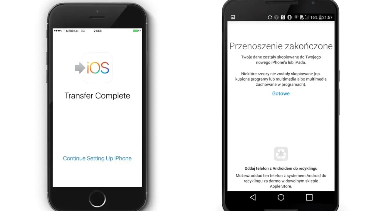 Przenoszenie danych z Androida na iPhone zakończone. Na ekranie iPhone'a komunikat "Transfer Complete", na Androidzie "Przenoszenie zakończone".