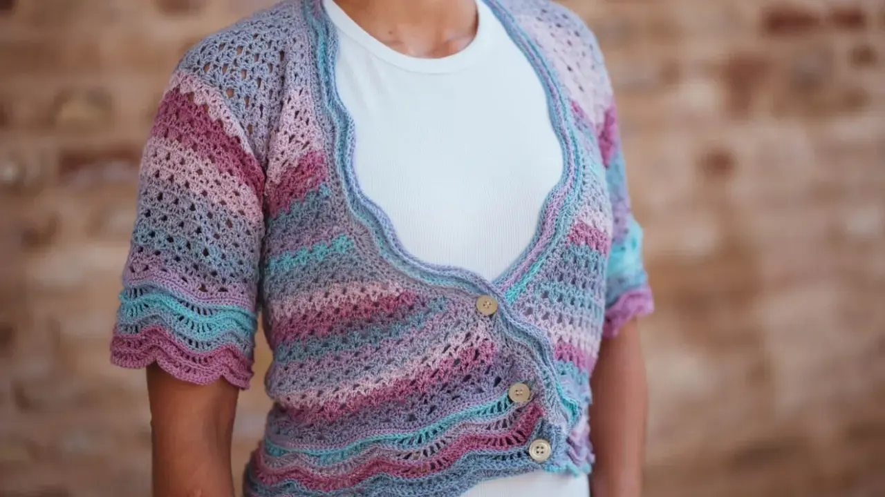 Chaqueta de crochet con rayas degradadas en tonos pastel y delicados puntos calados. Tres botones de madera cierran la prenda.