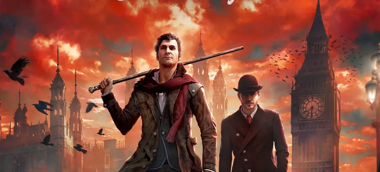 Sherlock Holmes gra w wiktoriańskim Londynie, z Big Benem i krukami na tle czerwonego nieba.