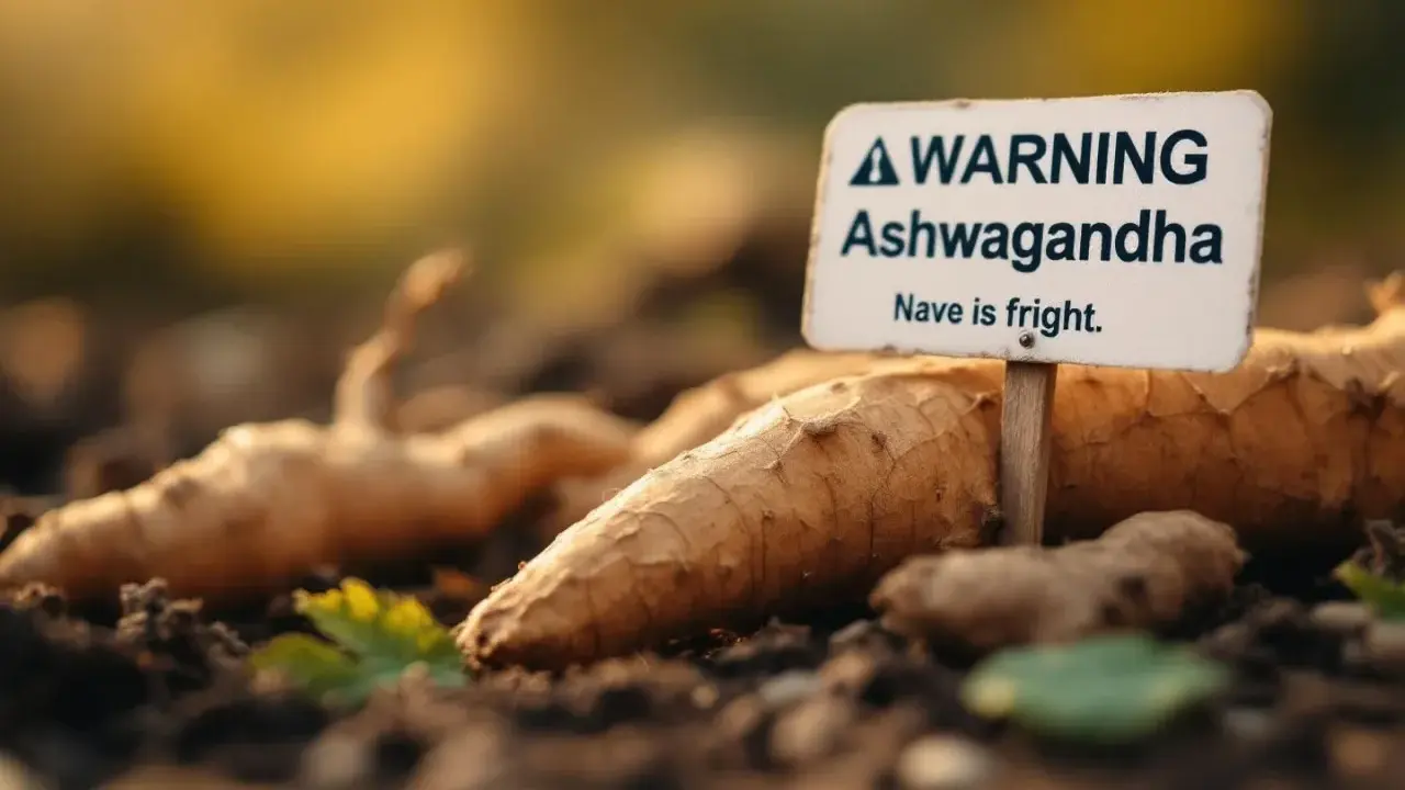 Racines d'ashwagandha fraîchement récoltées, avec un panneau "Attention Ashwagandha". Avis sur l'ashwagandha.