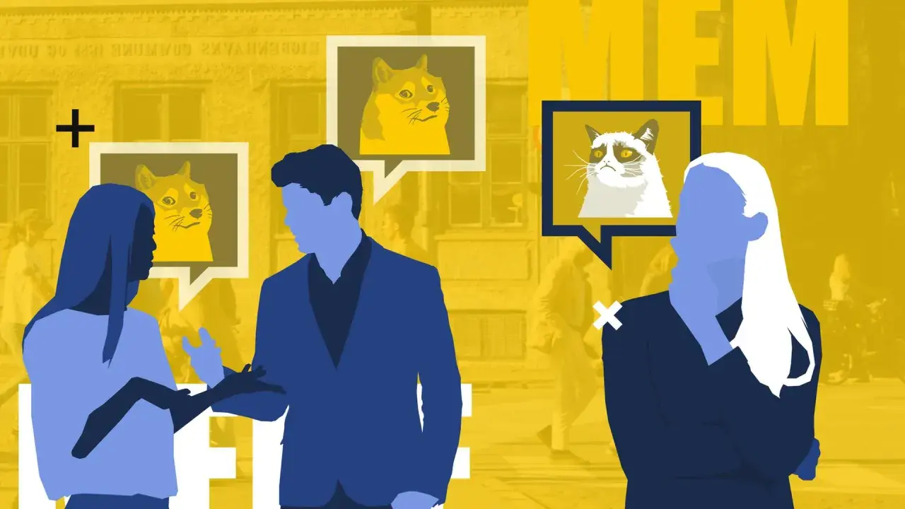 Silhouetten von Menschen, die über Doge und Grumpy Cat sprechen. Ein humorvolles Bild über meme kommunikation.